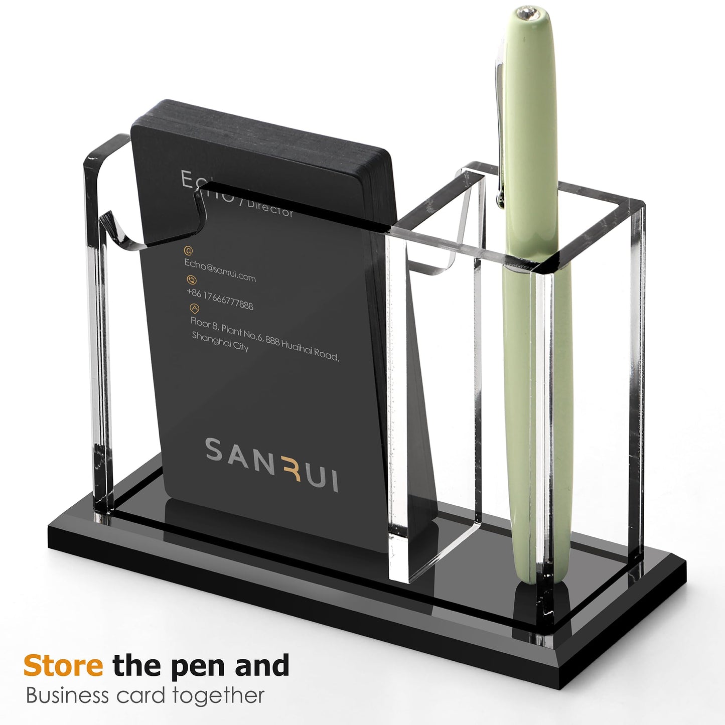SANRUI Vertical Business Card Holder with Pen Holder for Desk, Clear Acrylic Desk Organizer and Accessories, Professional School Office Supplies Collection Caddy，Multi-function Storage Box