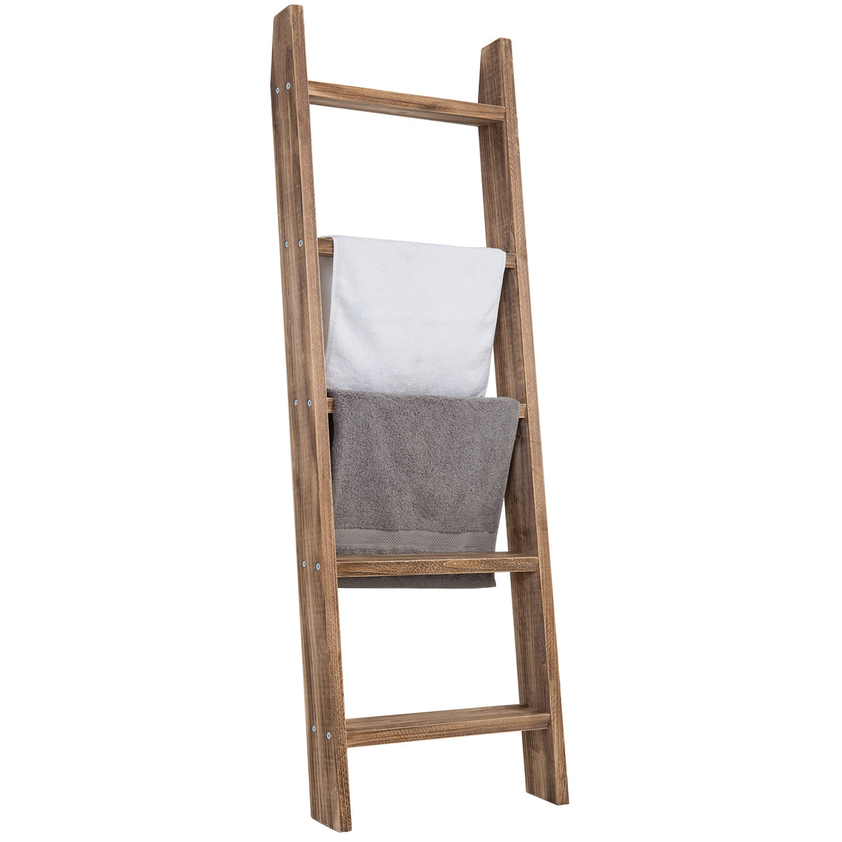 MyGift 4ft Tall Rustic Burnt Natural Wood Wall Leaning Blanket Ladder Shelf with 5 Rungs, Decorative Living Room Throw and Quilt Holder, Farmhouse Bedroom Decor