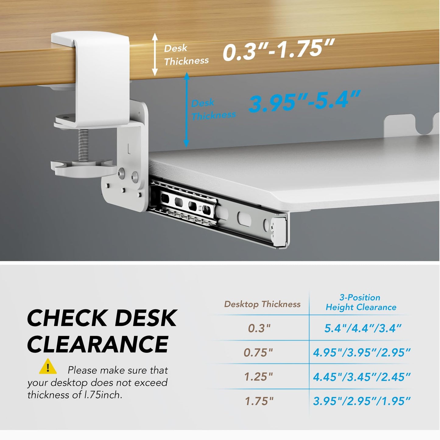 AX WABER Keyboard Tray Under Desk Pull Out with Extra Sturdy C Clamp Mount System, 27.3 (32.5 inch Including Clamps) x 11 Inch Slide-Out Platform Computer Drawer for Typing White AX01WW01
