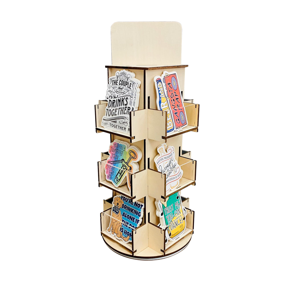 Rotating Display Stand, 3 Tier Wooden Organizer, 4-Sided Display Rack, 360 degree Spinning Multi-Pocket Tabletop Display Stand for Coasters, Stickers, Retail, Showcase, Tradeshow, 17”H, Natural