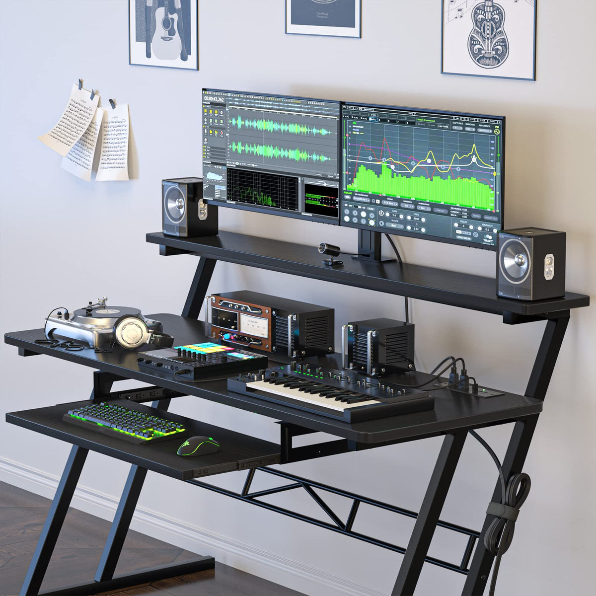 Music Studio Desk Production Workstation - Recording Studio Desk for Producer with Power Outlet, Studio Workstation for Music Recording, Home Studio Table Desk, Black