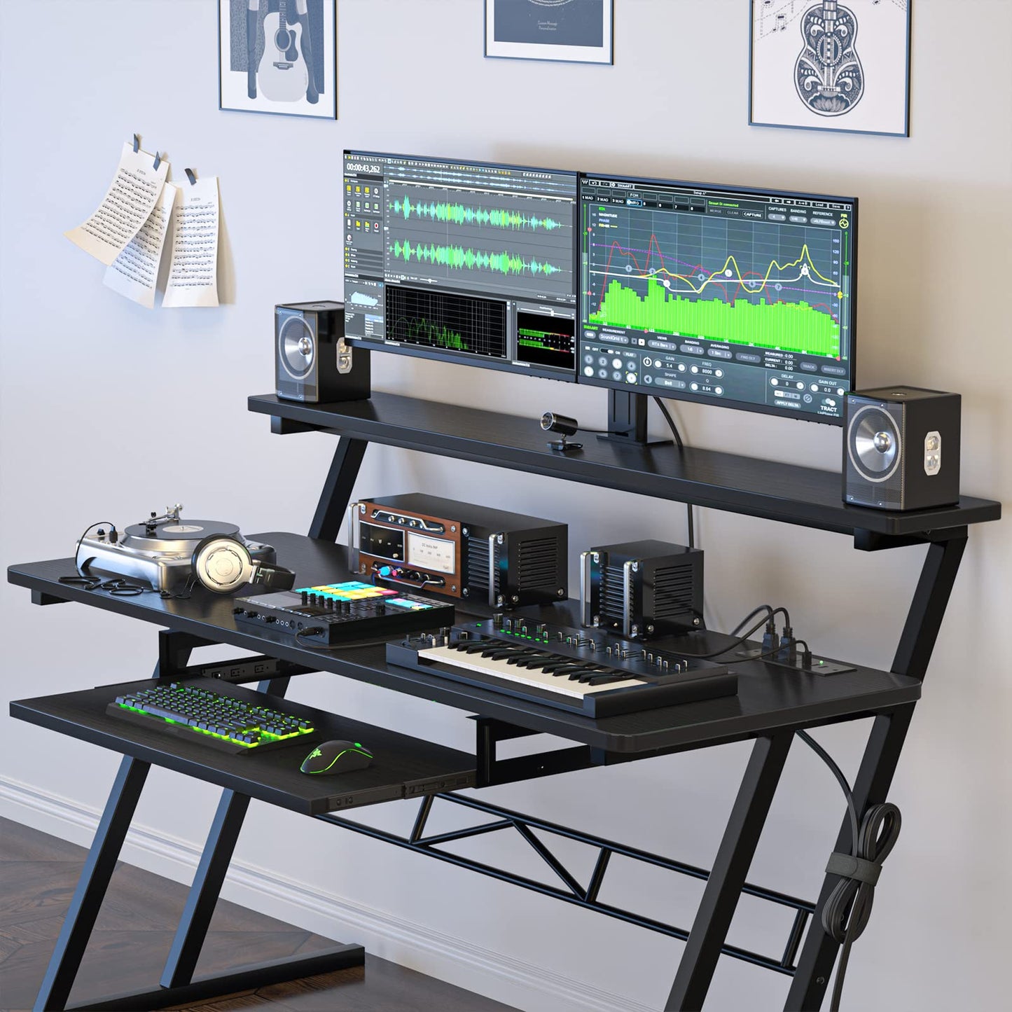 Armocity Music Studio Desk, Music Production Workstation with Power Outlets, Recording Studio Table Desks Music Producer for Home, Black