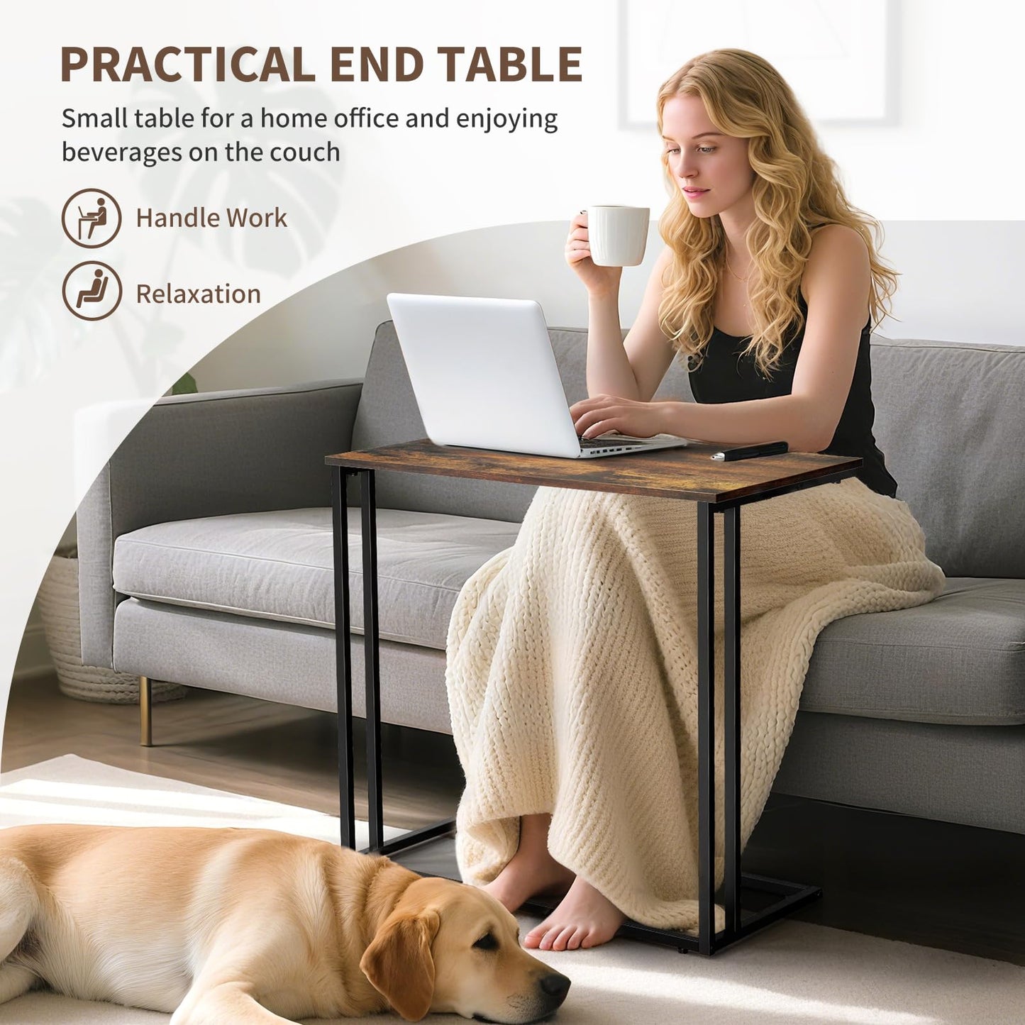 CAMOAT C-Shaped Side Table, Modern End Table with Metal Frame, Space Saving Design for Living Room，Large Surface Couch Table for Bedroom, and Home Office，24 x 12 x 24 inches (Brown)