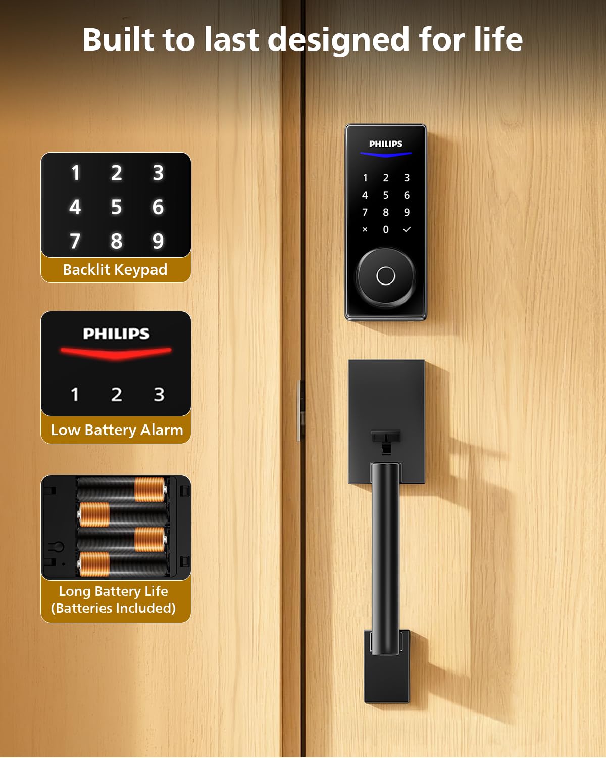 Philips Wi-Fi Smart Lock with Handle, WiFi Keyless Entry Keypad Door Lock with Handle, Front Door Deadbolt Set, Fingerprint Unlock, PIN Code Unlock, Auto Locking, App Remote Control, Bulit in WiFi
