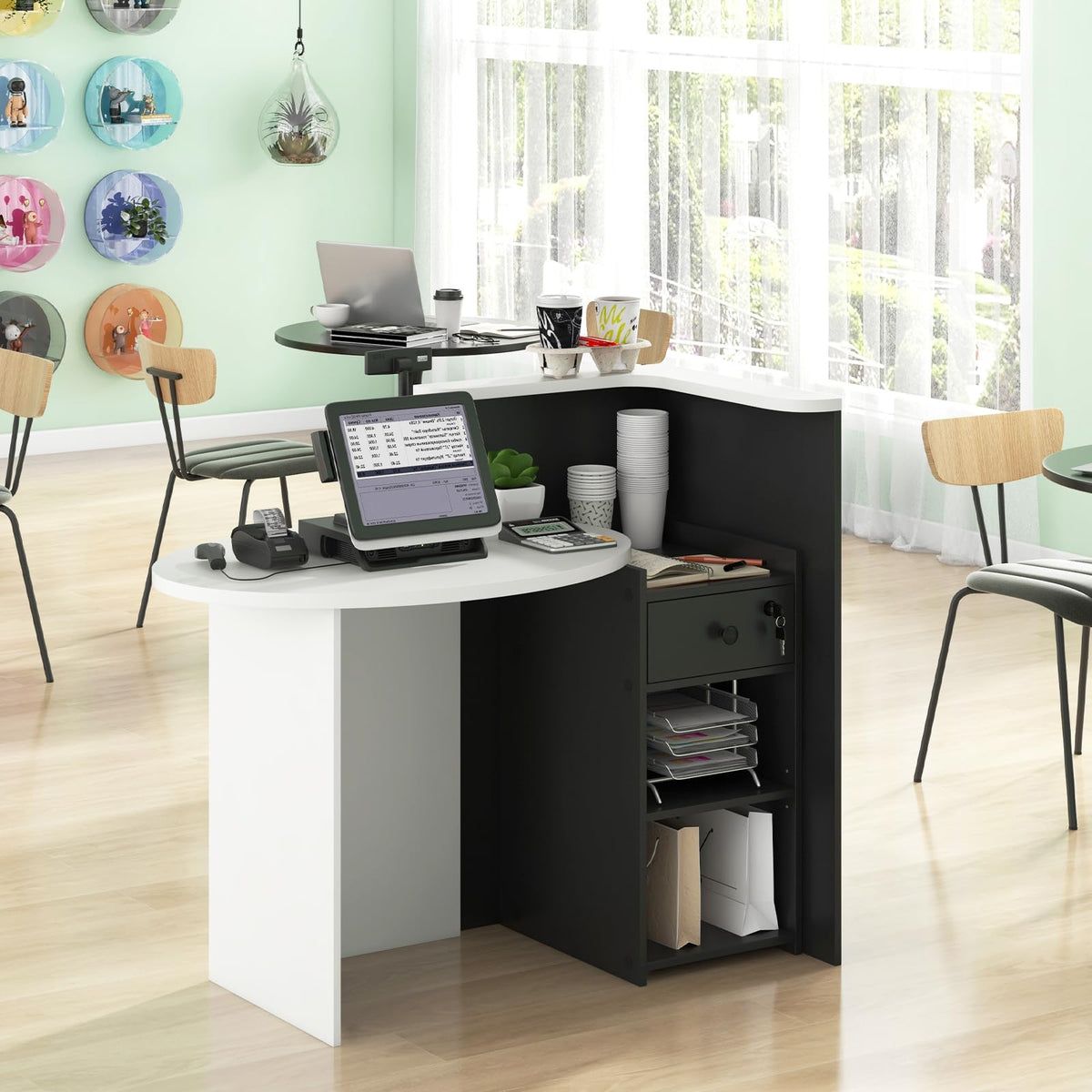 Giantex Reception Desk, Front Counter Desk with Lockable Drawer, Retail Counter Checkout Table with Round Tabletop, Corner Shelf & Adjustable Shelf for Office Beauty Salon Retail Store (Black)