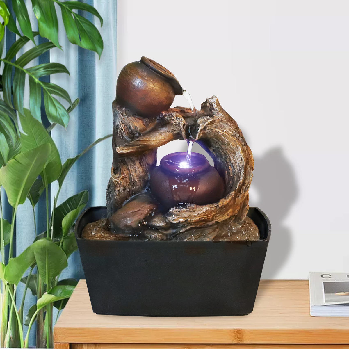 Ferrisland Tabletop Water Fountain Indoor - Tree Trunk with Jar Rustic Fountains Small Feng Shui Zen Waterfall Fountain W/LED Light & Soothing Sounds for Office Home Desktop Decor (Brown)