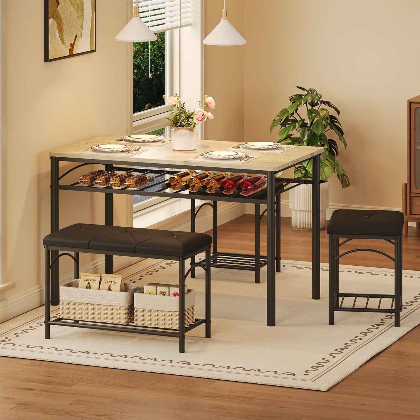 Hetoy Space-Saving 4-Piece Dining Table Set – Modern Table with Upholstered Bench & 2 Stools – Strong Wood & Metal Frame, Storage Shelf, Great for Small Dining Areas – Teak Oak Top + Black Legs