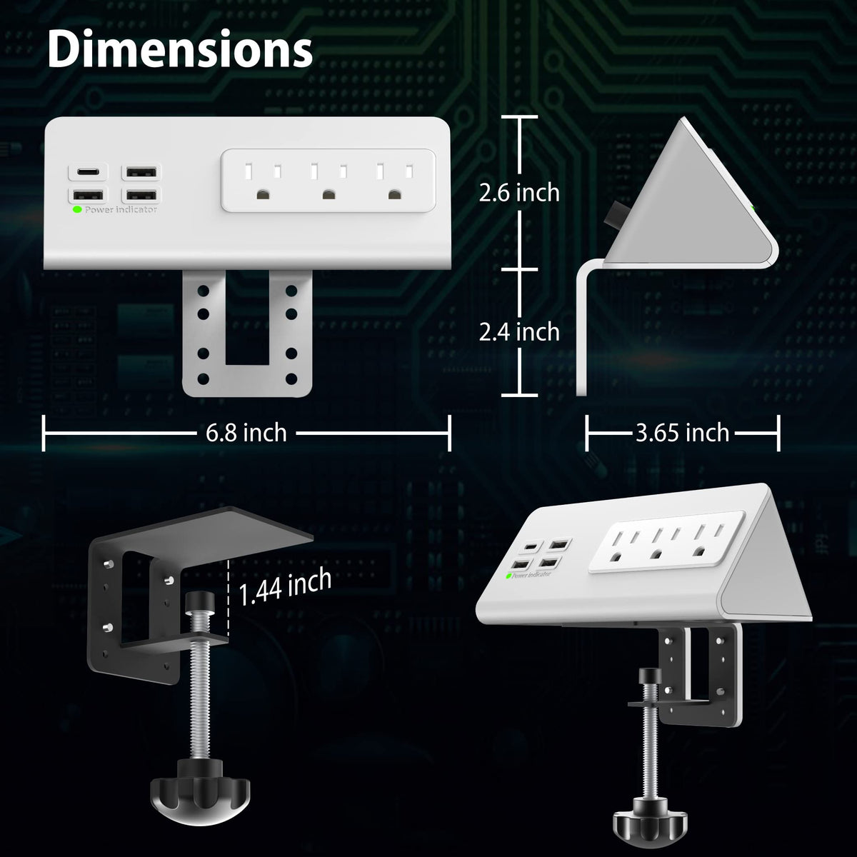 Nightstand Edge Mount Power Strip with USB-C Ports Tabletop Surge Protector Desk Clamp Power Sockets with 3 AC Outlets &4 Fast Charging USB Ports for Home Office Hotel and Dormitory