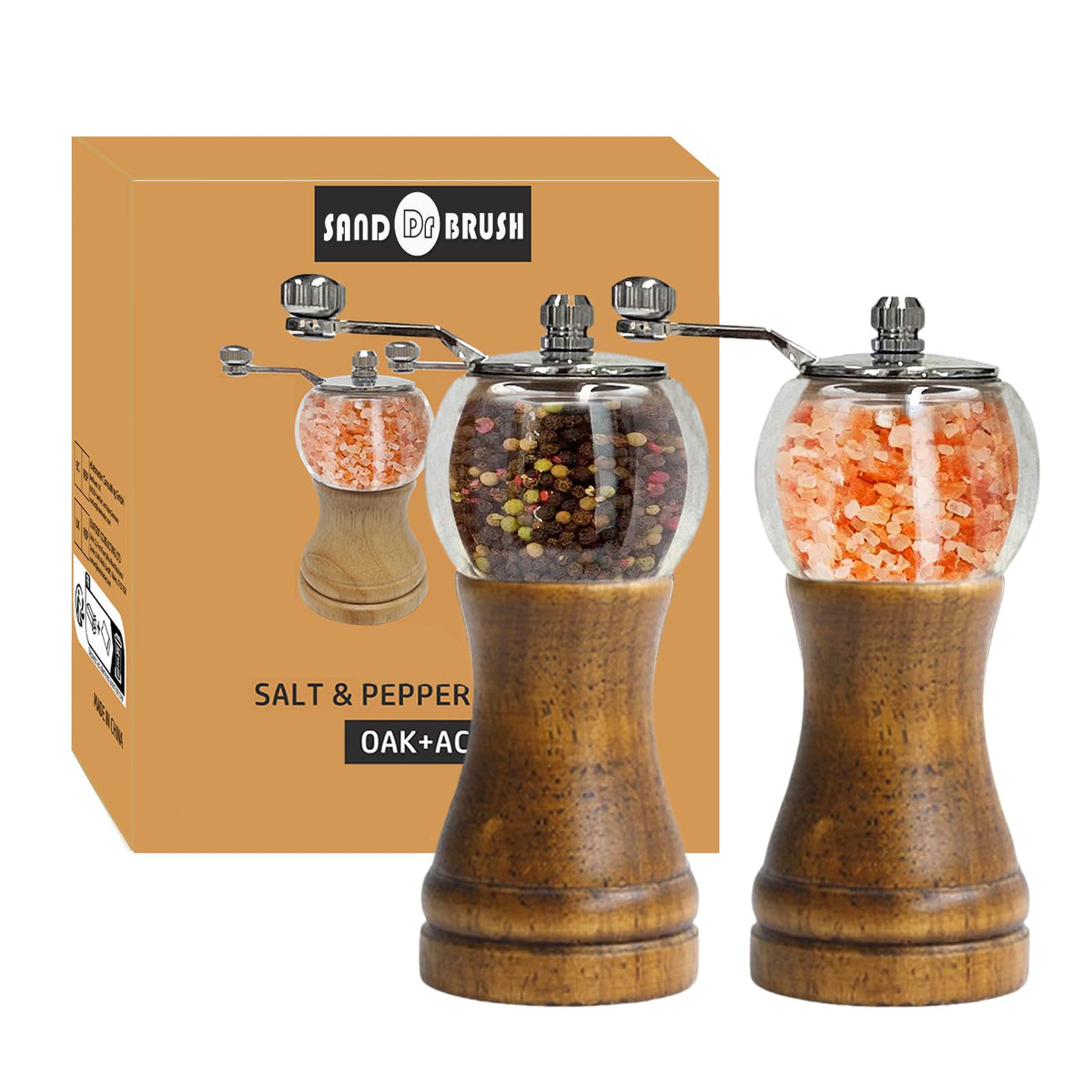 Pepper Grinder Set Classical Hand Shake Wood Manual Pepper Grinder, Setrefillable Wooden & Acrylic grinder,Ceramic Blades metal handle tools, Enjoy Fresh Ground Pepper Salts & spices 2PCS-6IN