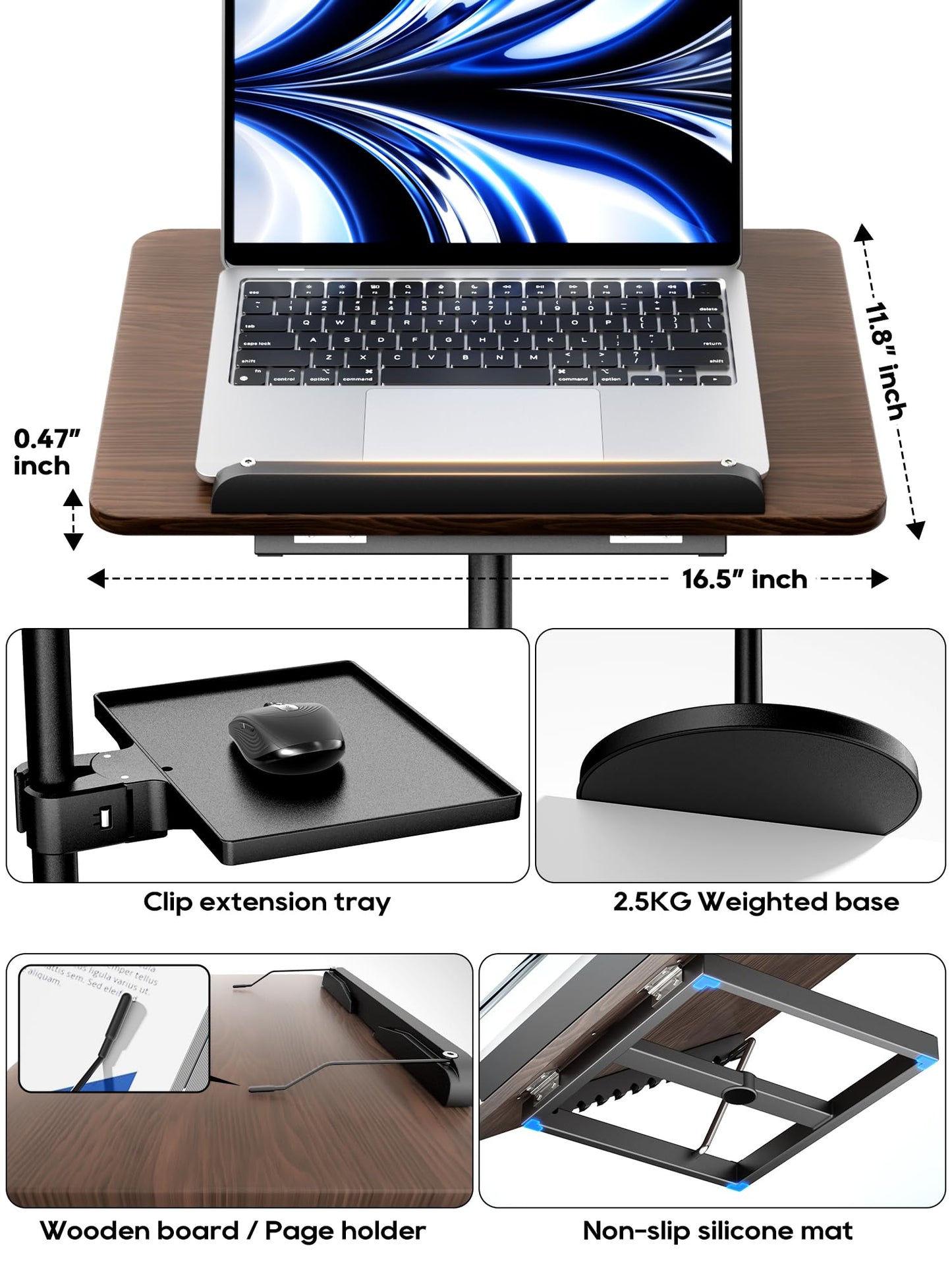 2 in 1 Adjustable Book Stand - Dual-Use Floor and Desktop Book Holder Stand, Height Adjustable 23.5-52 in, Elastic Page Clips for Music Sheet, Recipe, Tablet, Laptop-Black