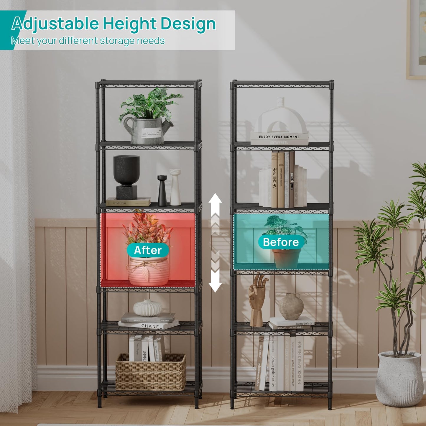 SINGAYE 6 Tier Adjustable Storage Shelf Wire Shelving Unit Metal Shelves Standing Closet Bathroom Organizers Pantry Kitchen Garage Laundry Room Organization Home Rack 12" D X 22" W X 69.5" H Black