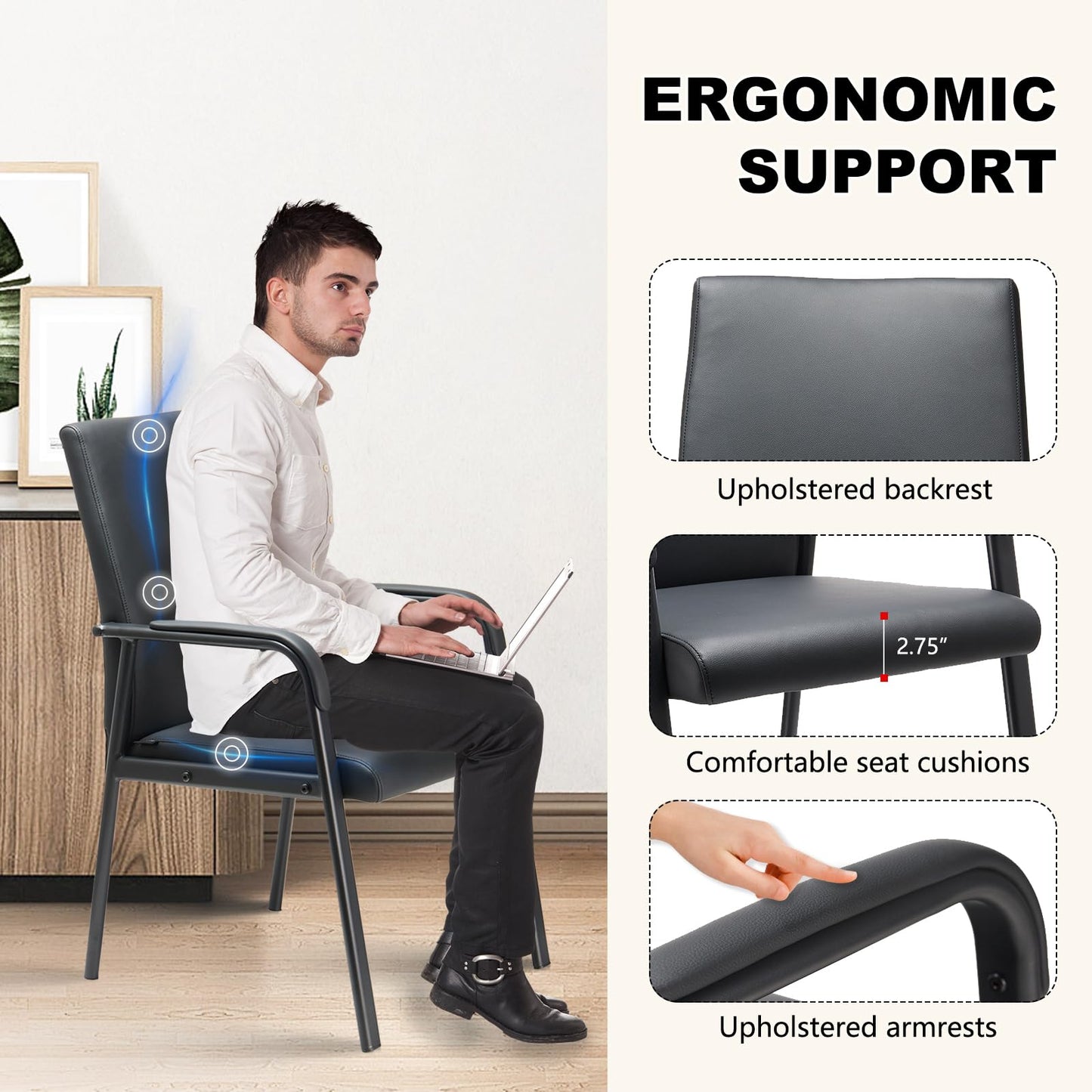 VACYOVKE Office Guest Reception Chair 600 lbs Capacity Leather Conference Room Chairs with Padded Armrests No Wheels Desk Chair Black