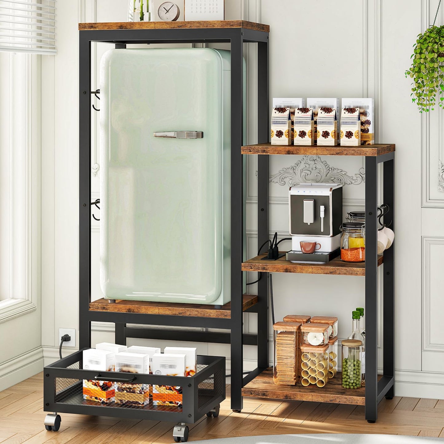 HOOBRO Bakers Rack with Mini Fridge Stand, Microwave Stand with Movable Basket, 3-Tiers Coffee Bar Station with Power Outlet, Kitchen Storage Shelf for Kitchen, Dorm, Rustic Brown and Black BF38UHB01