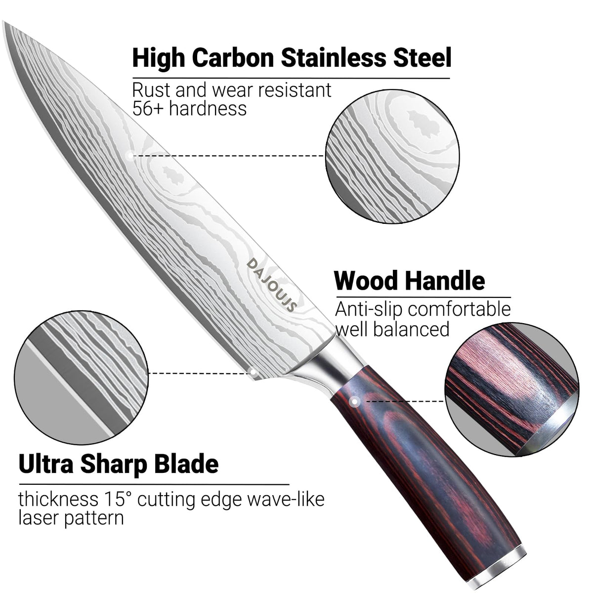 3-Piece Kitchen Chef Knife Set - 8" Chef Knife & 7" Nakiri Knife & 5" Utility Knife, Professional High-Carbon Stainless Steel Ultra Sharp Knives with Ergonomic Wood Handle & Gift Box for Cooking