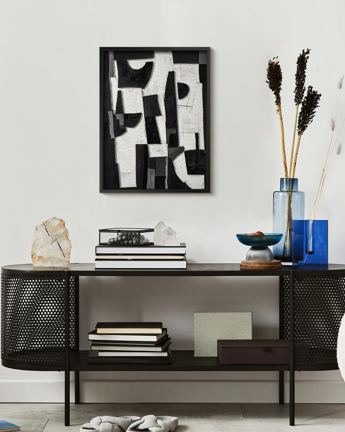 Modern Black White Abstract 3D Stacked Double-Panel Sandstone Wall Art, 12x16 Geometric Design Metal Frame Minimalist Wall Hanging, Contemporary Room Bedroom Scandinavian Office Gallery Decor