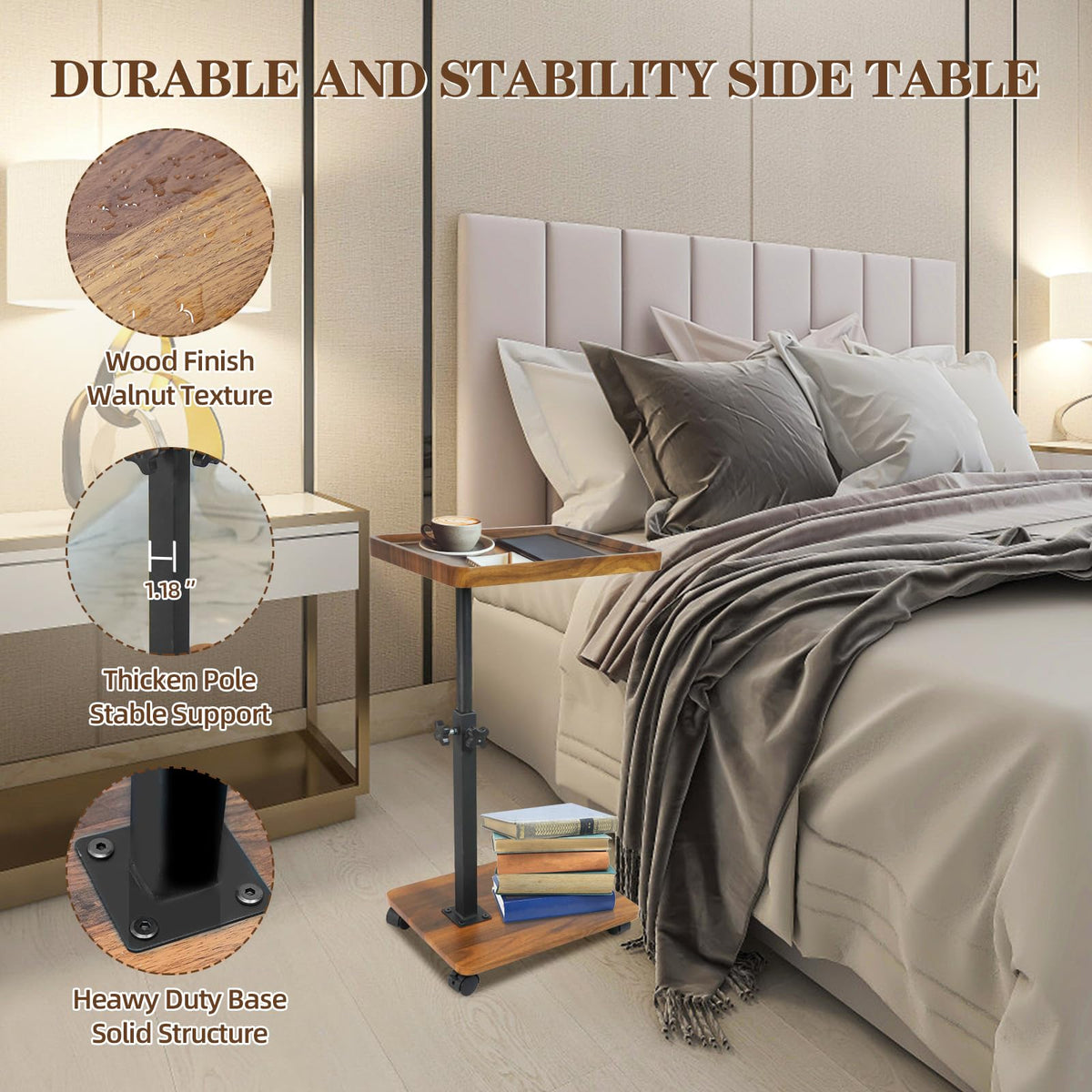Xiyilike C Table Side Table End Table Adjustable Height，C Shaped End for Couch，Snack Tables,360°Swivel TV Tray Sofa Table， for Small Spaces，Side Tables Living Room and Bedroom for Sofa, Bed,Chair