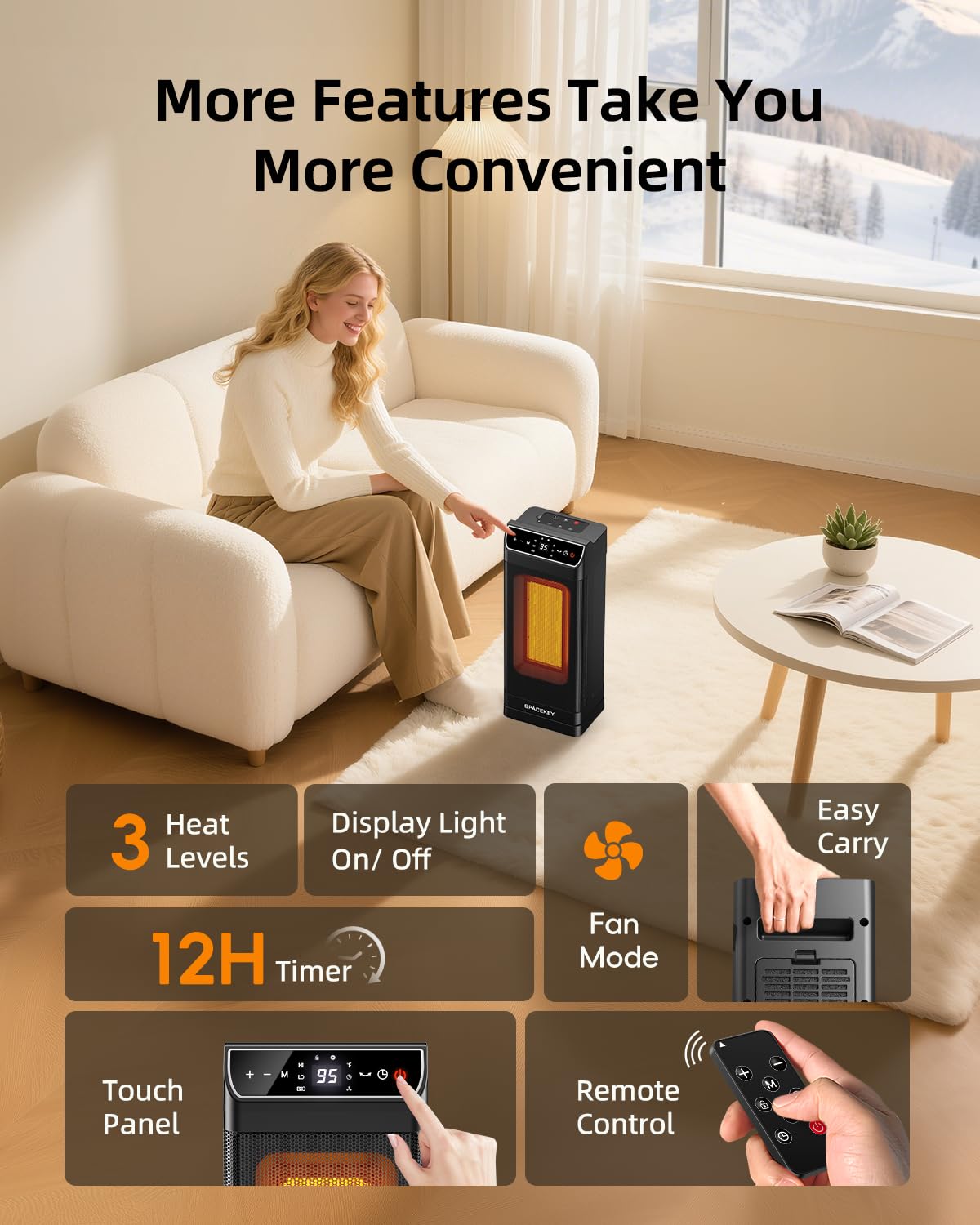Space Heater, Electric Heaters for Indoor Use with Thermostat, Remote, 1-12H Timer, 70°Oscillation and Overheat Protection, 1500W PTC Ceramic Fast Safety Heat, Portable Heater for Office (Black)