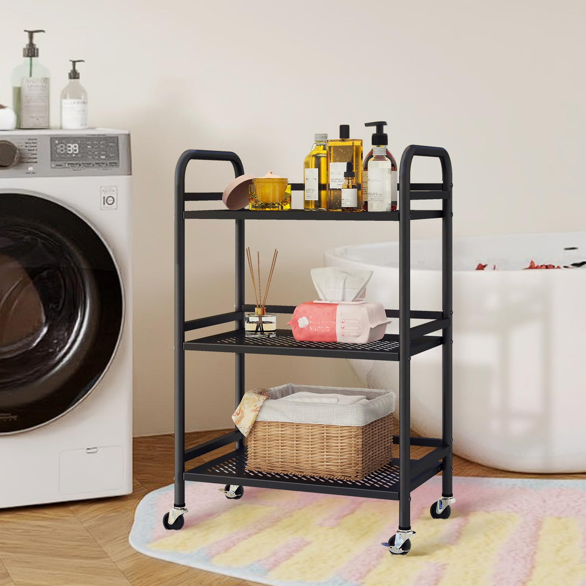 HDANI 3 Tier Rolling Cart,Heavy Duty Multifunctional Metal Frame-Supports 22 Lbs Per Tier,Mesh Rolling Cart with 2 Lockable Wheels for Office,Home,Bedroom,Kitchen,Bathroom,Black