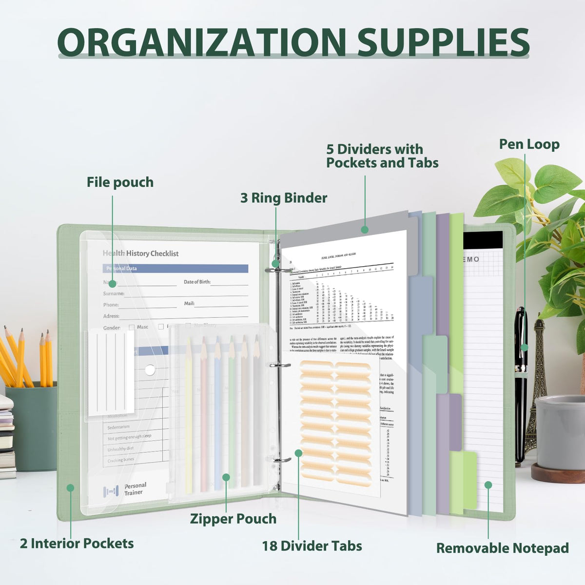 BVSSX 3 Ring Binder with Clipboard,1 Inch Binders with Notepad&5 Dividers with Pockets, Labels,PU Clipboards for School Office(Green Tulip,Letter Size)