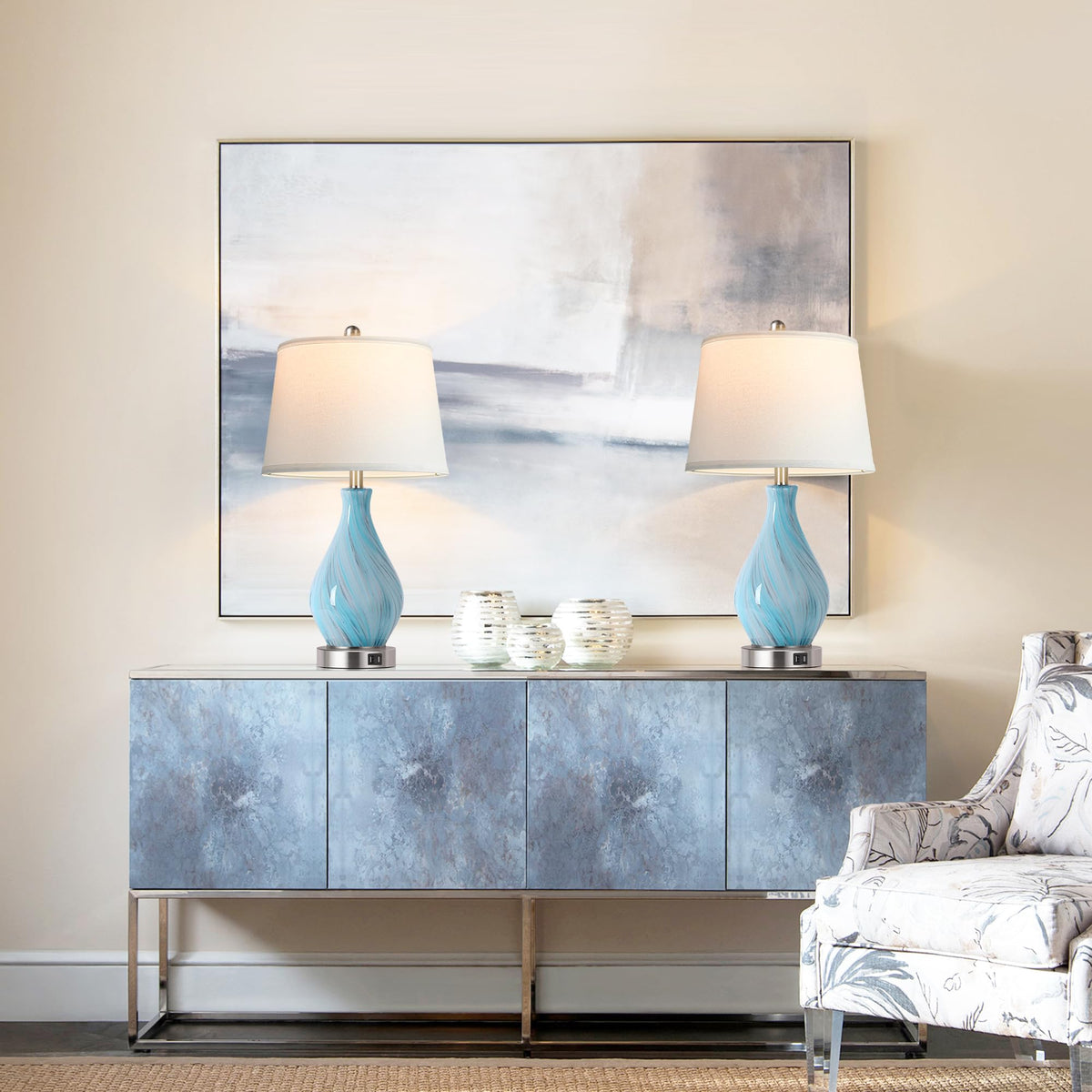 Modern Accent Table Lamp Set of 2 Touch Control, 22" Faded Swirl Blue Gray Art Glass Bedside Lamp with USB Ports, 3-Way Dimmable Hand Crafted Nightstand Lamps White Drum Shade for Living Room Bedroom