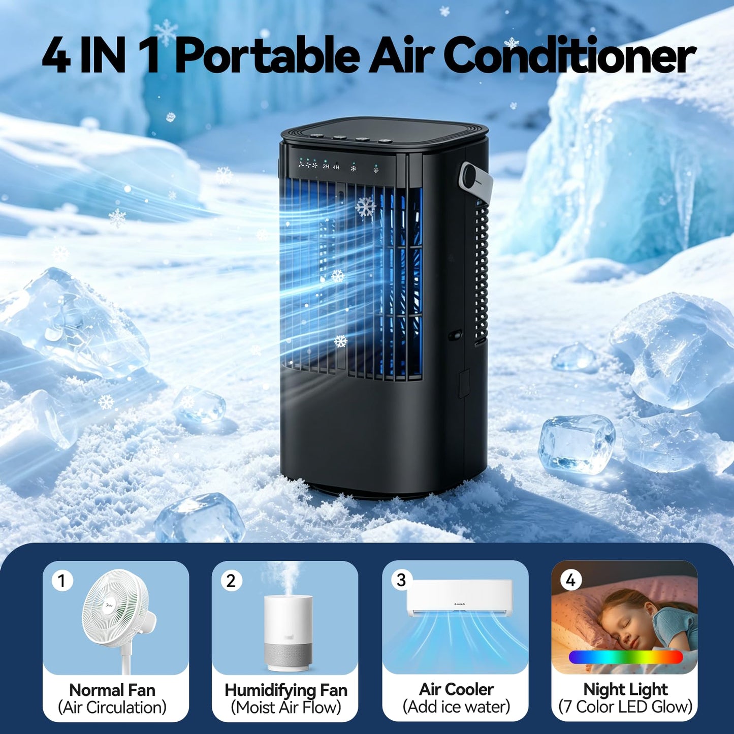 Portable Air Conditioners, 4-in-1 Mini Small Air Conditioner Evaporative Air Cooler Fan with 1000ml Water Tank, 3 Speeds & 7 LED Lights, Personal Mini AC with Timer for Bedroom, Desktop, Home, Office
