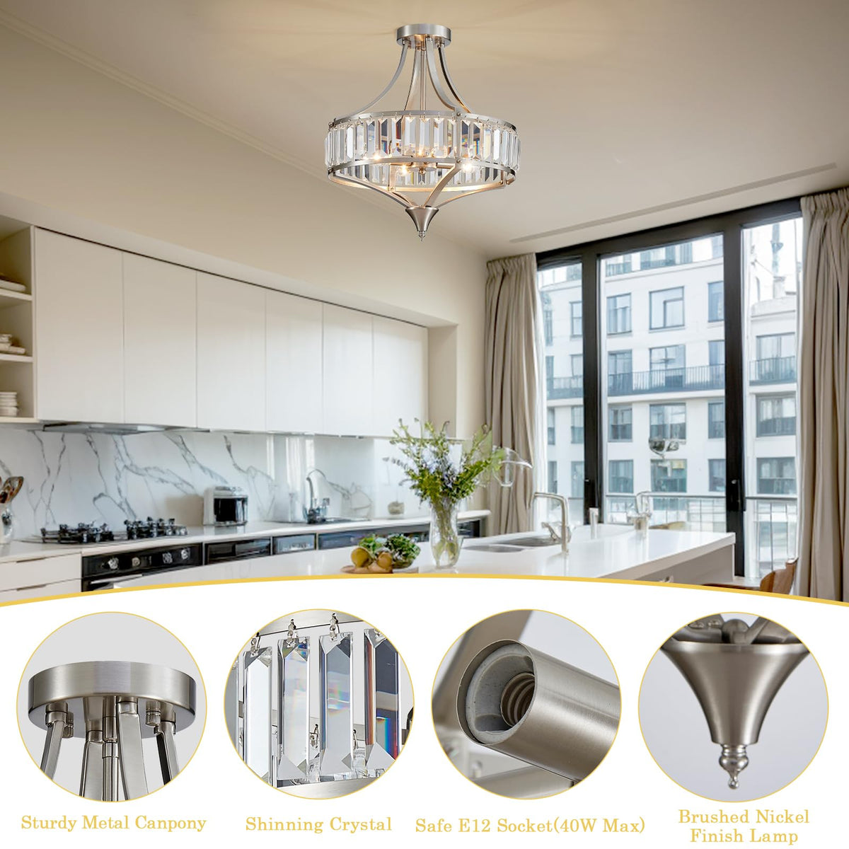 Cabvope Crystal Chandelier Ceiling Light Fixture, Modern Round Brushed Nickel Dining Room Chandeliers for Kitchen Hallway Bedroom Foyer, 16 Inch Rustic Farmhouse Semi Flush Ceiling Light, 4-Light