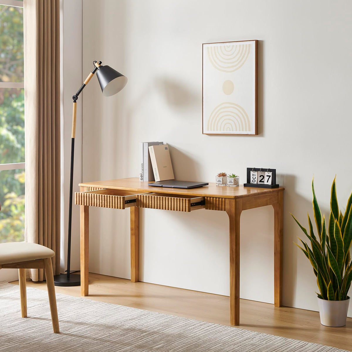 JTYP Solid Wood Desk with Drawers, Light Wood Desk for Small Spaces, Small Writing Desk for Bedroom, Gaming Study Home Office Wooden Desks for Work, 39 inch Wood Computer Desk
