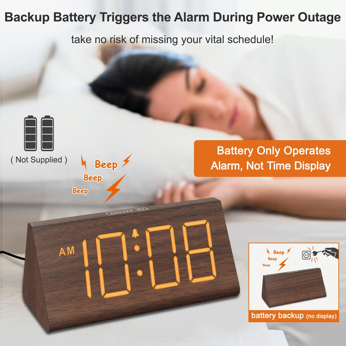 DreamSky Wooden Digital Alarm Clocks for Bedrooms - Electric Desk Clock with Large Numbers, USB Port, Loud Alarm for Heavy Sleepers, Adjustable Volume, Dimmer, Snooze, DST, Wood Décor, Adapter Powered