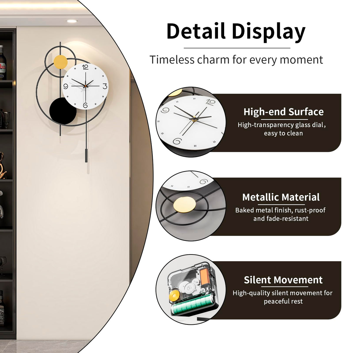 JUJUDA Large Wall Clock for Living Room Decor, Modern Decorative Metal Wall Clock with Pendulum for Bedroom Kitchen Office Decor, 13 Inch Big Silent Quartz Black Clock Battery Operated Non Ticking