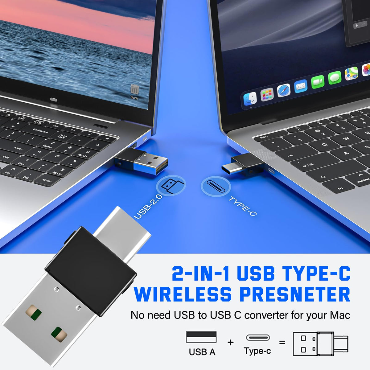 2-in-1 USB Type C Presentation Clicker Wireless Presenter Remote with Laser Pointer, RF 2.4GHz USB C PowerPoint Clicker Slide Advancer for Computer/Mac/Laptop