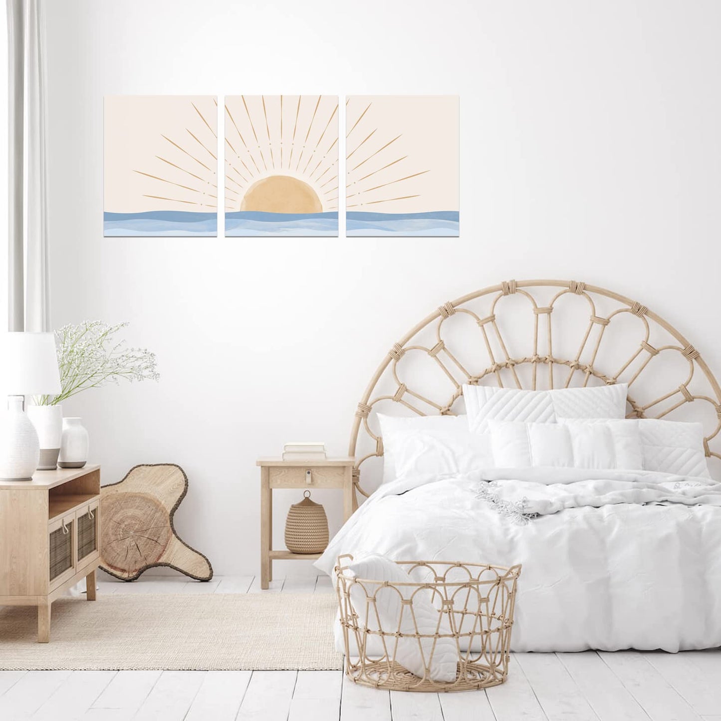 Boho Wall Art Set of 3, Neutral Geometric Sun Rising on the Sea Minimalist Art Framed Canvas Prints Artwork, Mid Century Modern Boho Sun Wall Art Decor for Bathroom, Bedroom, Living Room, Office
