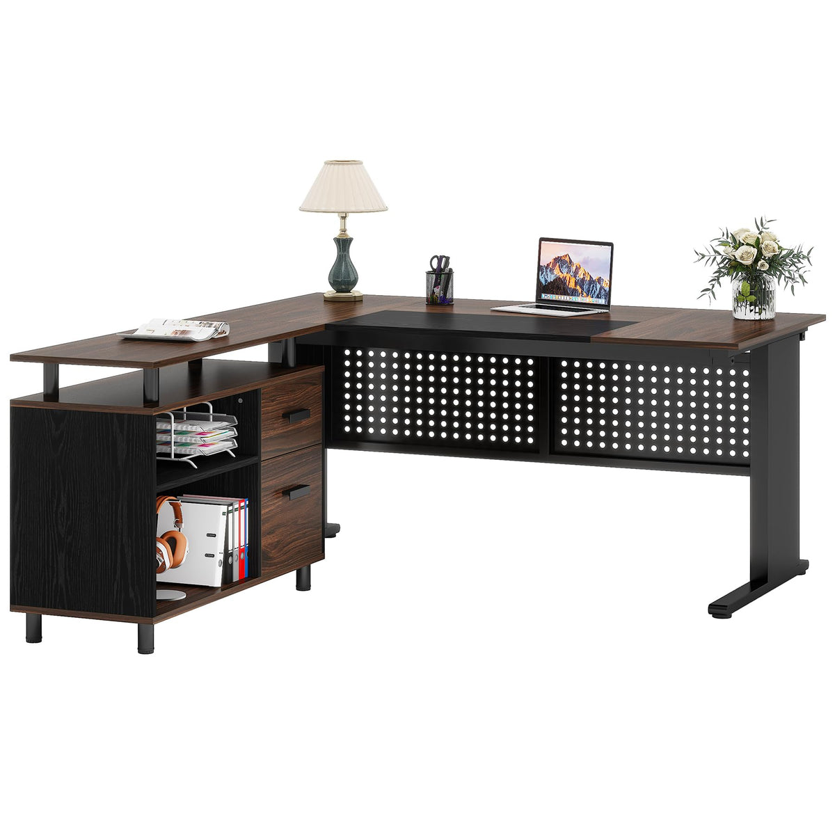 Tribesigns 63 Inch Executive Desk with File Cabinet, Large Office Desk L Shaped Computer Desk with Drawers and Storage Shelves, Business Furniture Desk for Home Office, Dark Walnut and Black