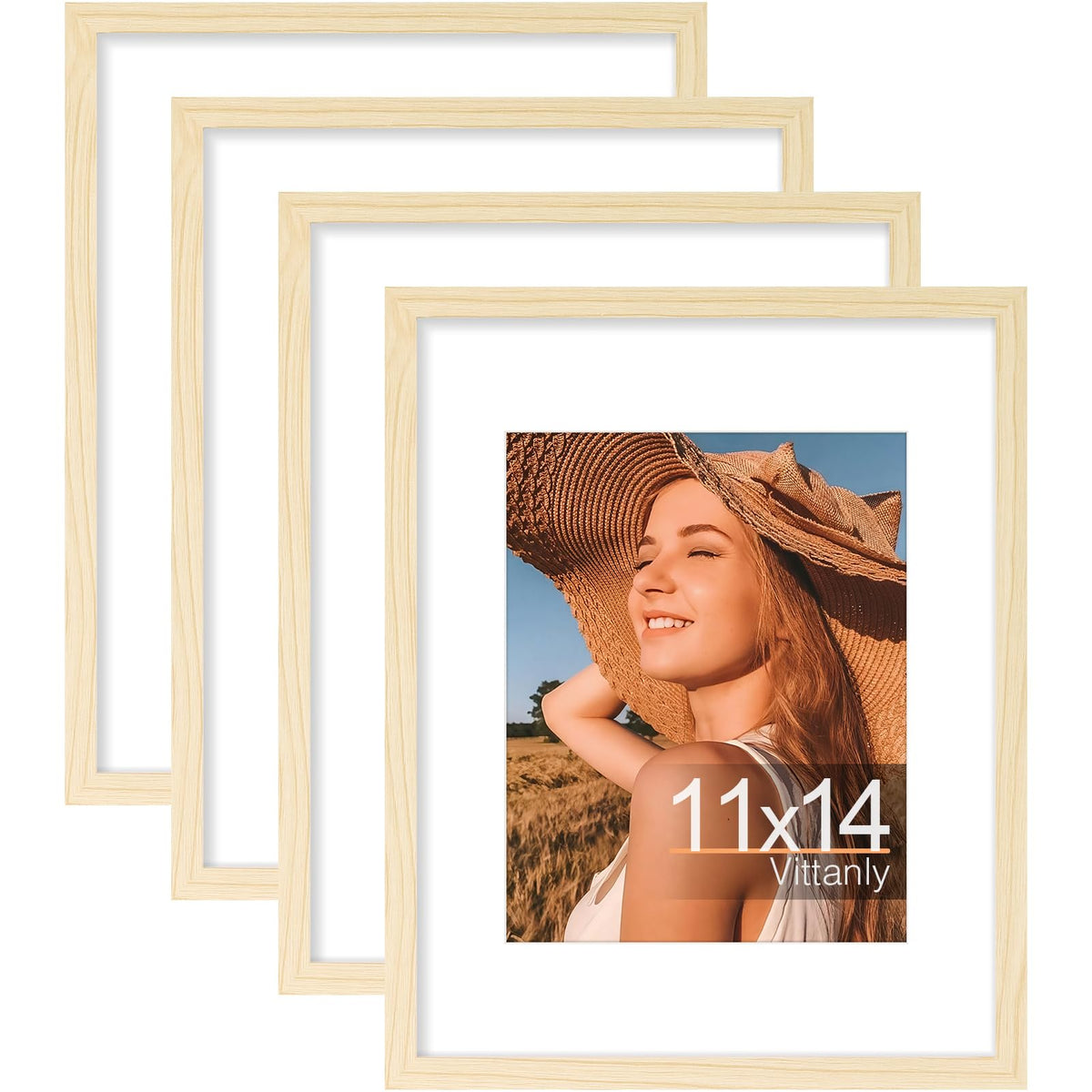 Vittanly 11x14 Picture Frame Set of 4, Display Pictures 8x10 with Mat or 11x14 without Mat, Engineered Wood with Shatter Resistant Plexiglass, Photo Frames for Wall or Tabletop Display, Natural Wood