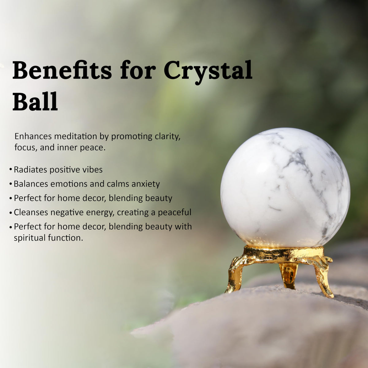 Crocon 45mm Howlite Stone Sphere Ball with Metal Stand 1400+ Carats Gemstone Ball Healing Sphere Sculpture Figurine for Fengshui Divination Home Decoration Photography Crystal Sphere
