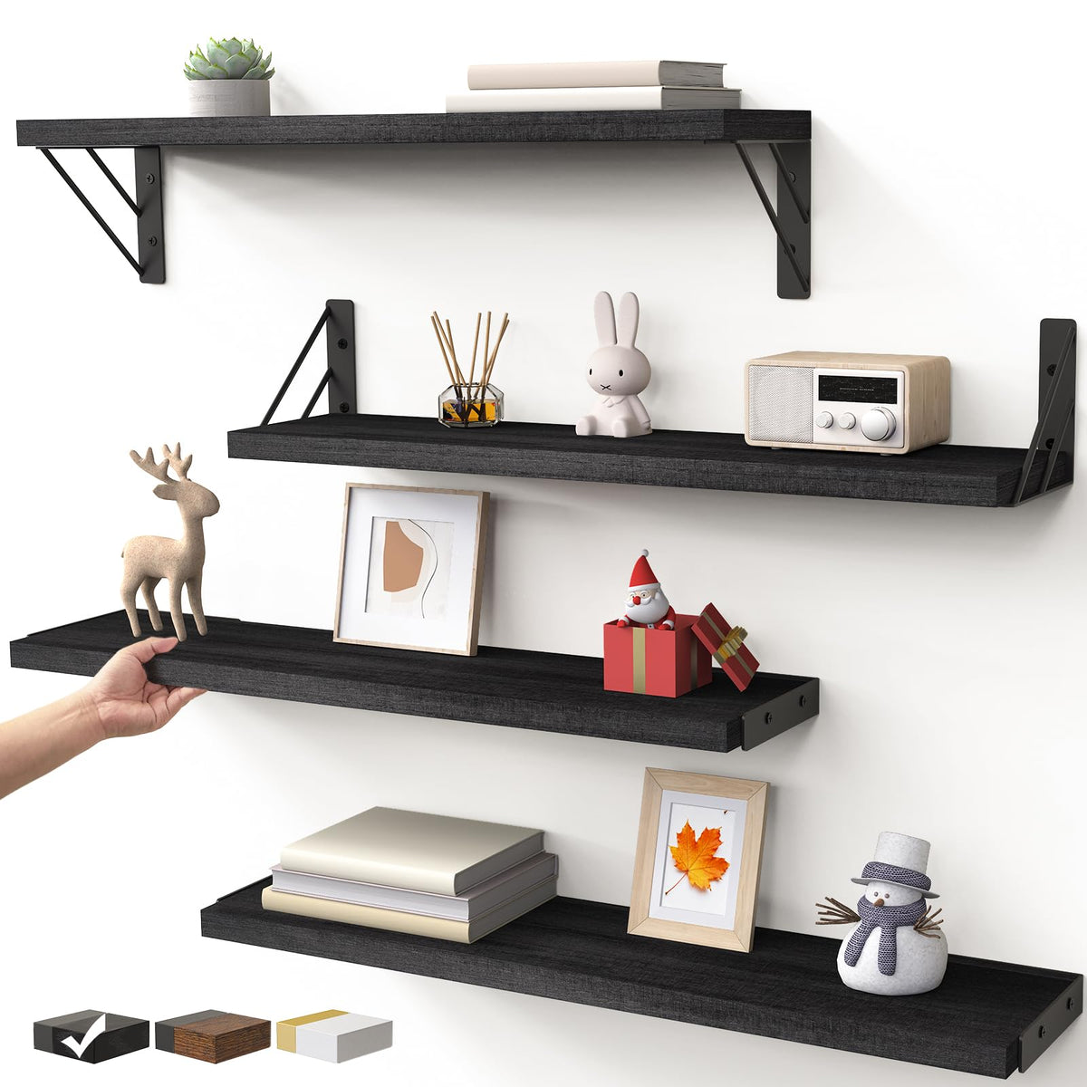 BAYKA Wall Mounted Floating Shelves, Wood Floating Wall Shelf for Books & Decor, Small Space-Saving Display & Organizer（Black，23in，Set of 4）
