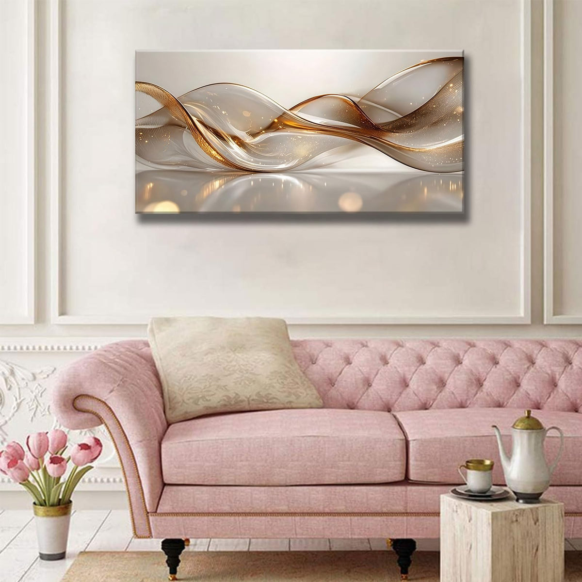 Modern Large Living Room Canvas Wall Art Gold Abstract Lines Decor painting Pictures Transparent Wave Neutral Posters Prints for Bathroom Bedroom Office Hallway Home Decoration