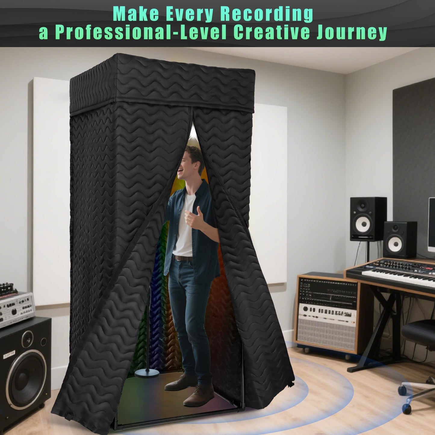 Portable Recording Booth with Adjustable LED Light & Thickened Soundproofing - Studio-Grade Echo-For Home portable vocal booth, Podcasting, Music - Includes Tablet Stand, Storage Shelf & Travel Bag