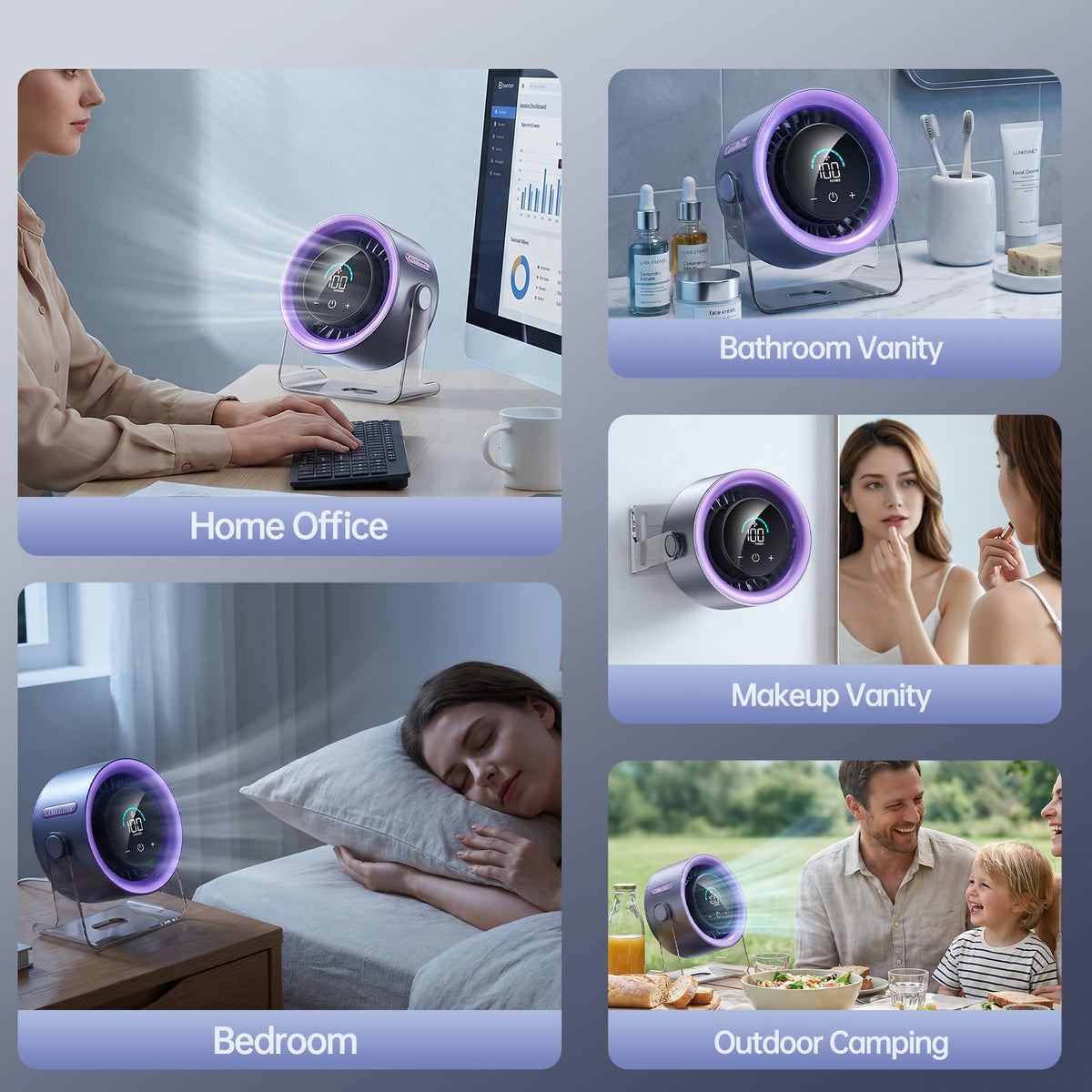 Coolhill USB Desk Fan for Bedroom: 100 Speeds Digital Display Quiet Table Fan with Turbo Airflow, 120° Rotating Small Rechargeable Battery Desktop Fans for Bedroom Home Office (Purple)