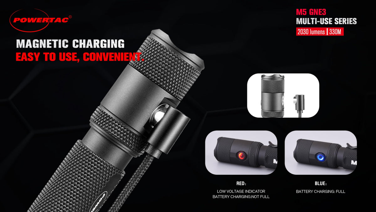 PowerTac M5-G3 2030 Lumens Rechargeable Tactical Flashlight, 330M Throw with Magnetic Charging and Dual Switch, LED Flashlight for Outdoor Emergency