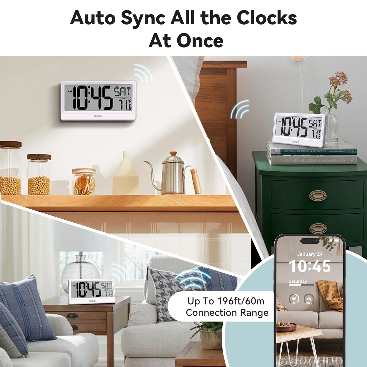 Baldr Digital Clock with Bluetooth Auto Time Sync, No App Required, Large Display Non-Backlit Desktop Alarm Clock, Battery Operated, Temperature & Weekday, Wall or Desk Clock for Home Office, White