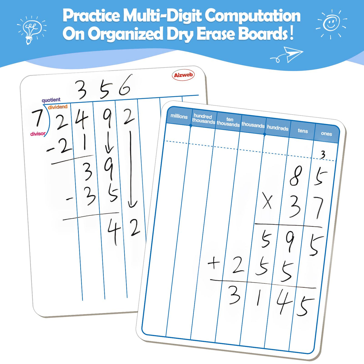 Dry Erase Long Division White Board,9 x 12 Multi-Digit Computation Double-Sided Dry Erase Board,Math Manipulatives Whiteboard for Students,Classroom and Home,Small White Board(Division)