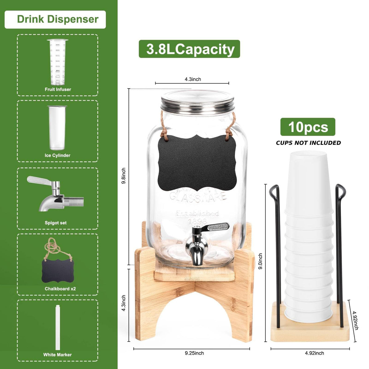 Glass Drink Dispenser with Stand, 1 Gallon Beverage Dispenser for Parties with Cup Holder, Includes Ice & Fruit Infuser, 18/8 Stainless Steel Spigot