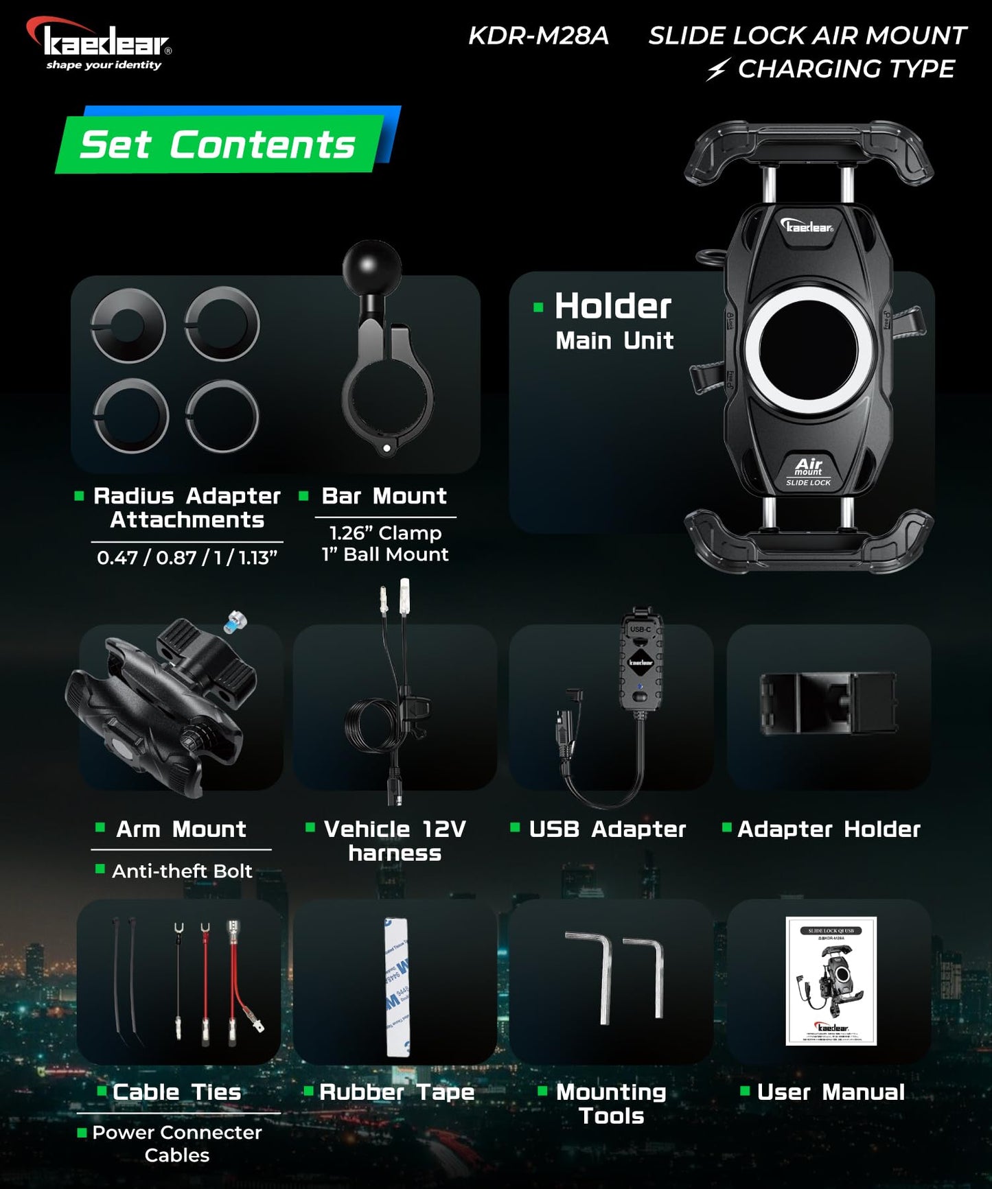 Kaedear Motorcycle Smartphone Holder, Air Mount Vibration Absorption, QI & USB Charging, Fast Wireless Charging, IP66 Waterproof, Quick Release, Locking System, Air Mount, Slide Lock KDR-M28A