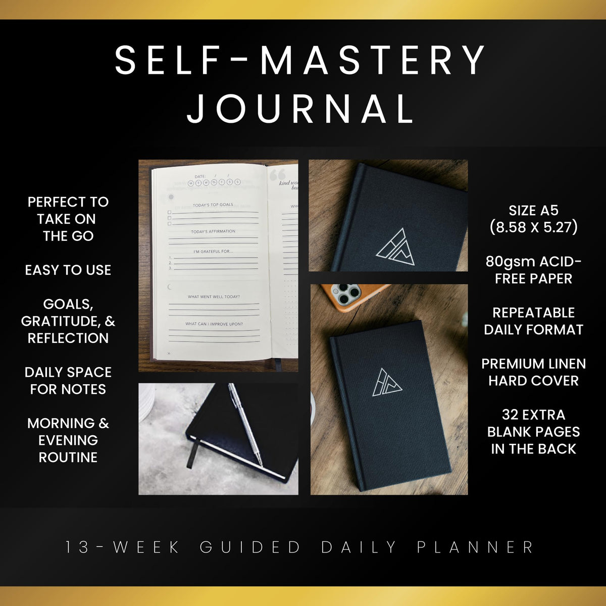 Self-Mastery Journal for Men with Prompts - 13 Week Guided Gratitude Journal - 5 Minute Journal - Reflection Manifestation Journals for Mindfulness - Self Care Journal - Goal Journal for Women & Men