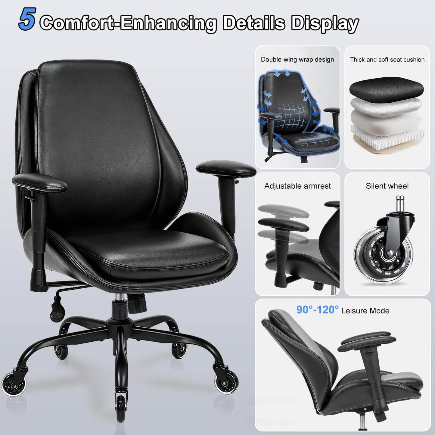 BEWISHOME Office Chair with Rubber Wheels, Big and Tall Office Chair, Ergonomic Office Chairs, Executive Desk Chair, Black PU Leather Computer Comfy Chairs with Lumbar Support, Adjustable Armrests