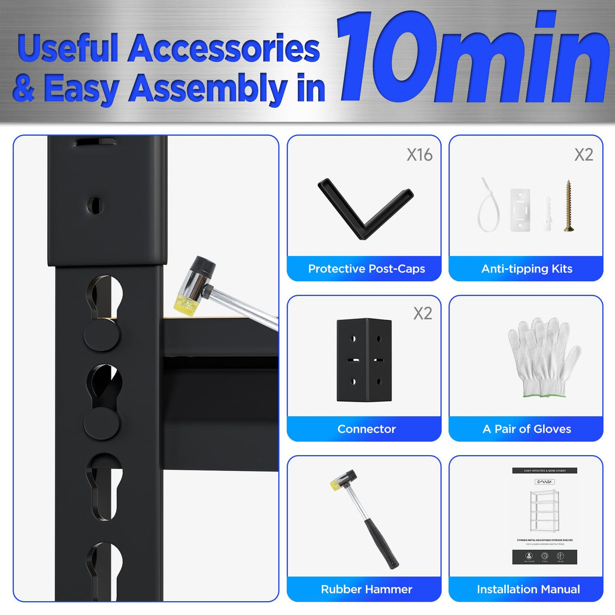 cynnda 5-Tier Garage Shelving 48" W x 15.7" D x 72" H Industrial Storage Shelf 2500LBS Heavy Duty Metal Shelve Adjustable Utility Pantry Shelving Units(Black)