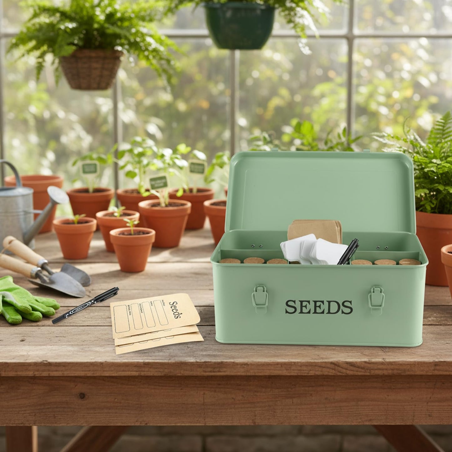 Seed Storage Organizer, 4 Compartment Metal Seed Saving Box with Lid and Safety Locks,Seeds Packet Container with 1 Pen, 12 Slots, 20 Plant Labels, 30 Seeds Envelopes,Perfect for Flower Plants Garden