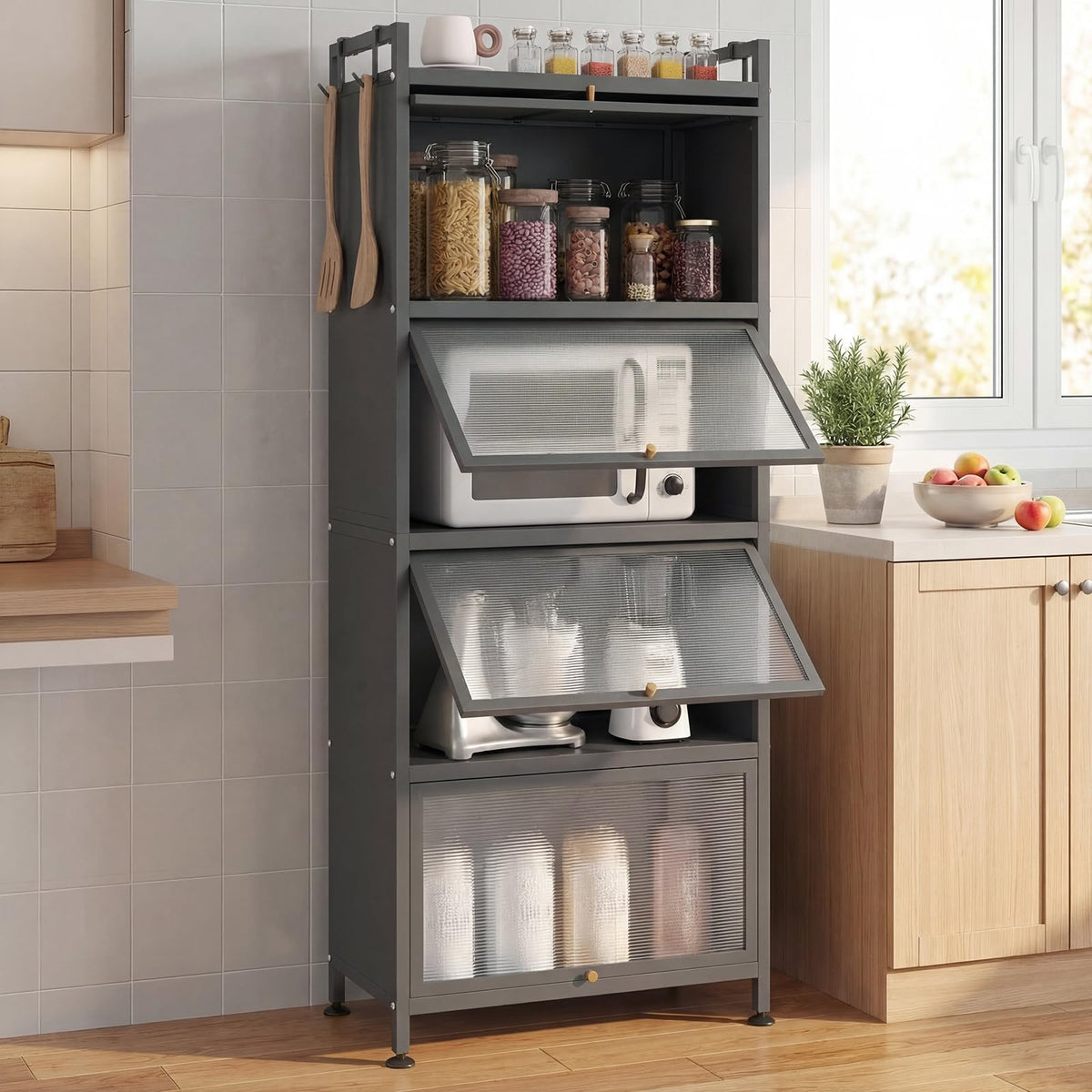 Giantex 5-Tier Kitchen Storage Cabinet, Mobile Microwave Stand with Flip-up PC Doors, Freestanding Kitchen Bakers Rack with 4 Rolling Casters, for Dining Room, Living Room and Study, Grey
