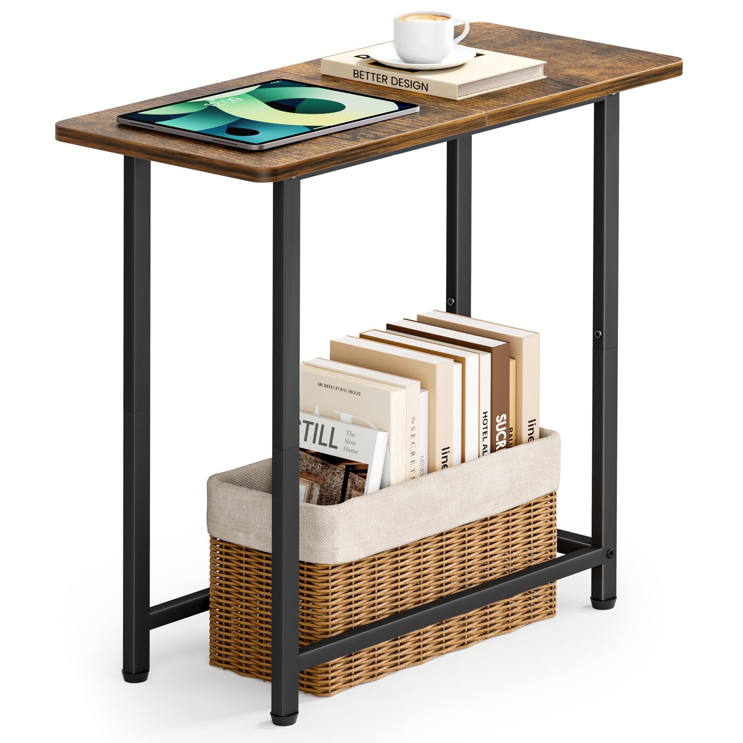 MISSLO Narrow End Table Living Room with Large Tabletop, Sofa Couch Side Table Bedroom Slim Nightstand for Small Space, Rustic Brown