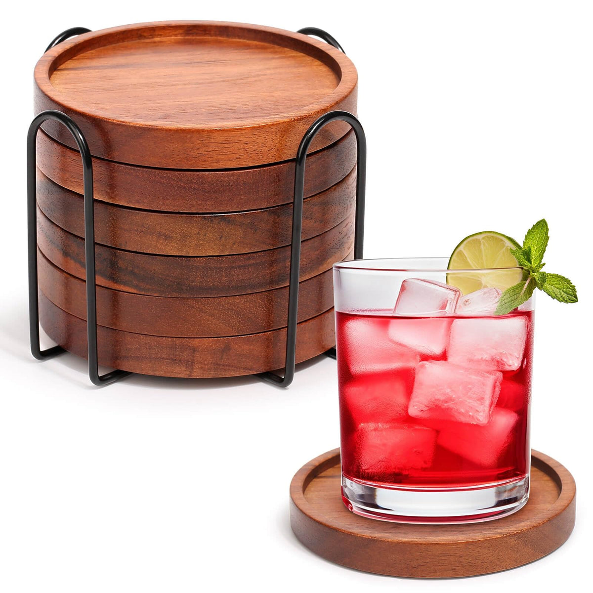 Mckanti Wooden Coasters Set of 6 with Holder, Acacia Wood Drink Coasters for Farmhouse, Patio, Bar Decoration